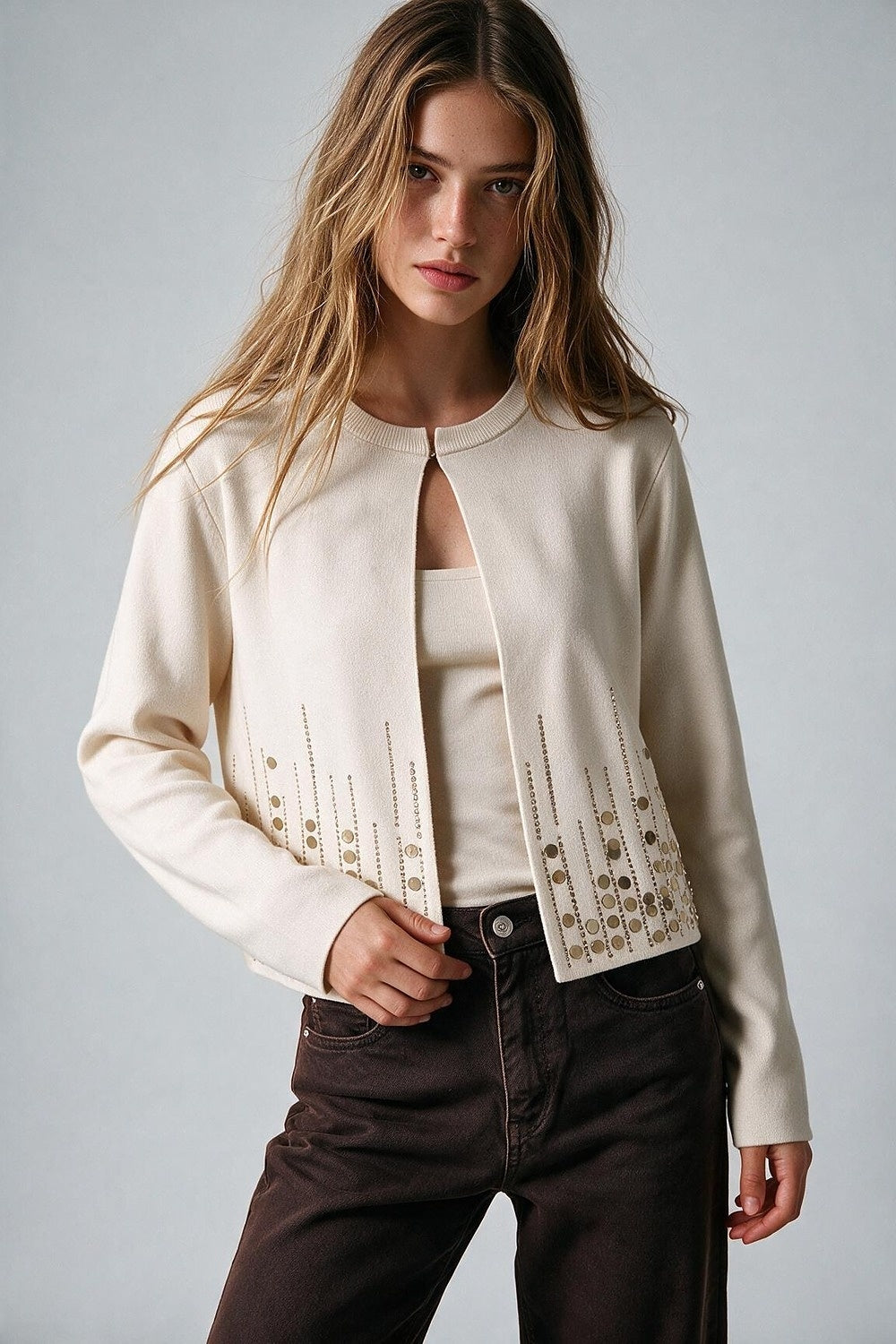 Cream Fine Knit Metallic Embellished Hem Cropped Cardigan - Cardigans