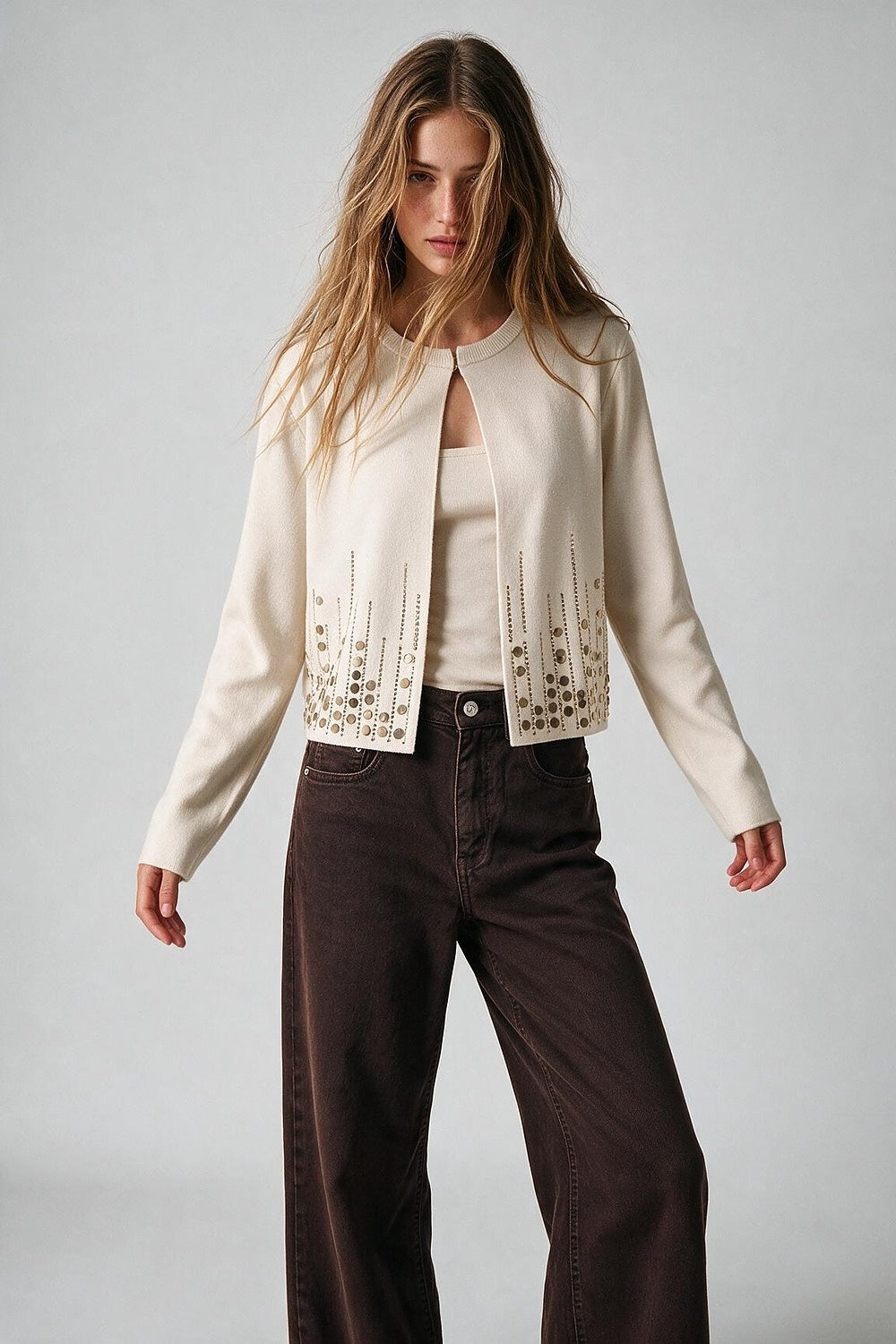 Cream Fine Knit Metallic Embellished Hem Cropped Cardigan - Cardigans