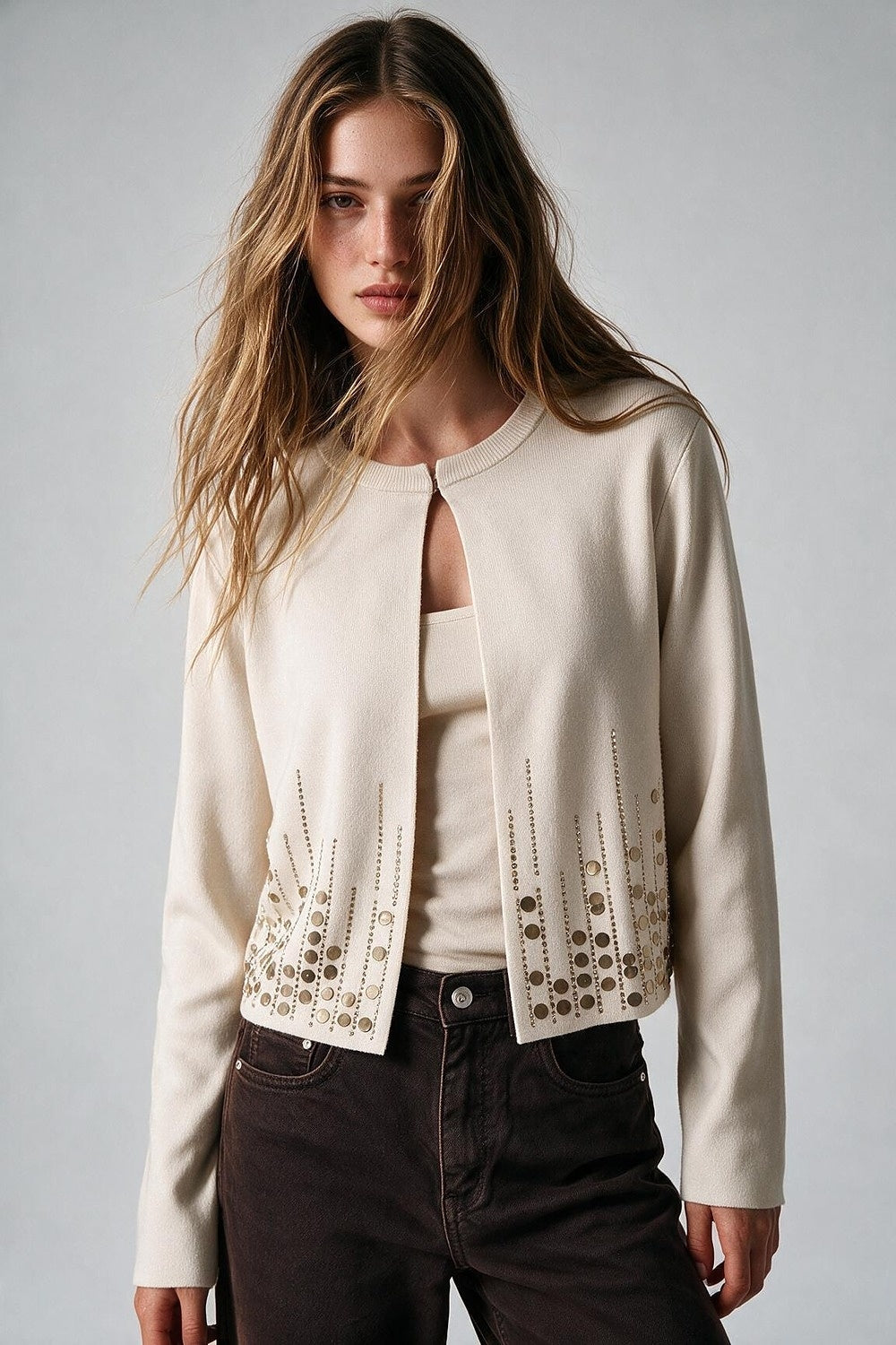 Cream Fine Knit Metallic Embellished Hem Cropped Cardigan - Cardigans