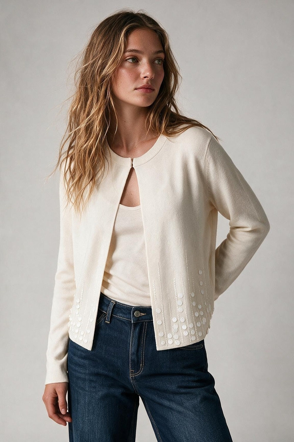 Cream Fine Knit Sequin Hem Round Neck Cardigan - Cardigans
