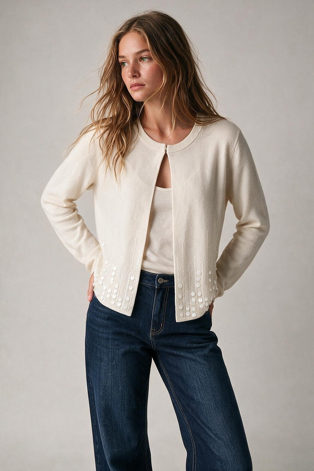 Cream Fine Knit Sequin Hem Round Neck Cardigan - Cardigans