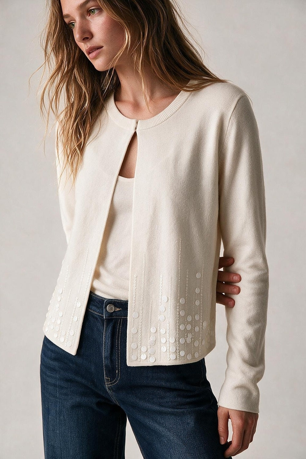 Cream Fine Knit Sequin Hem Round Neck Cardigan - Cardigans