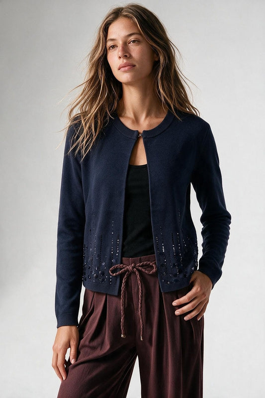 Navy Fine Knit Sequined Hem Crew Neck Cardigan - Cardigans