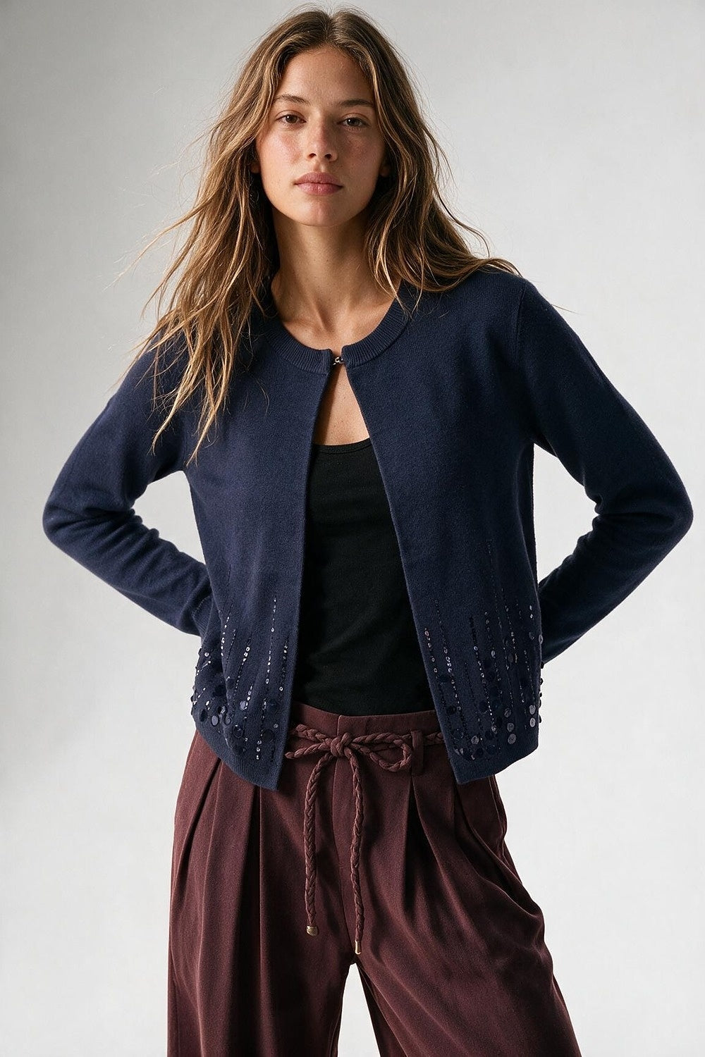 Navy Fine Knit Sequined Hem Crew Neck Cardigan - Cardigans