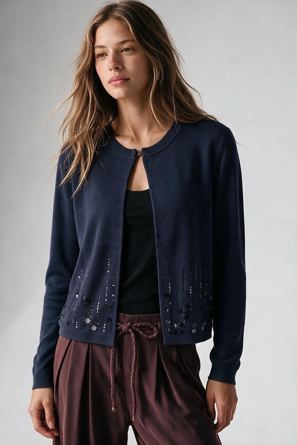 Navy Fine Knit Sequined Hem Crew Neck Cardigan - Cardigans