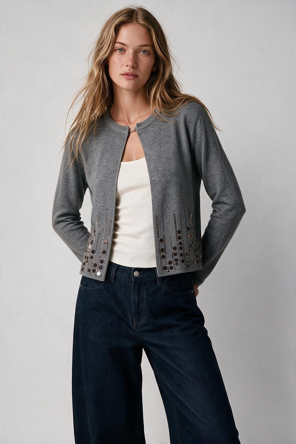 Grey Fine Knit Sequined Open Front Cropped Cardigan - Cardigans