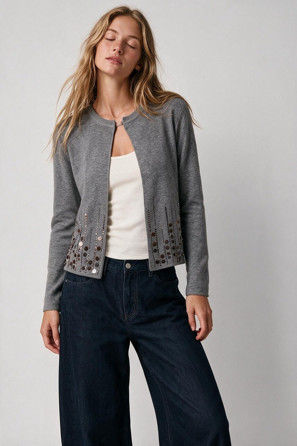 Grey Fine Knit Sequined Open Front Cropped Cardigan - Cardigans