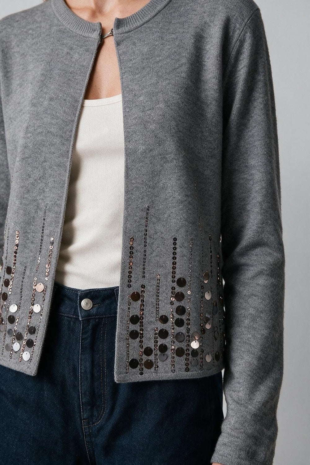Grey Fine Knit Sequined Open Front Cropped Cardigan - Cardigans