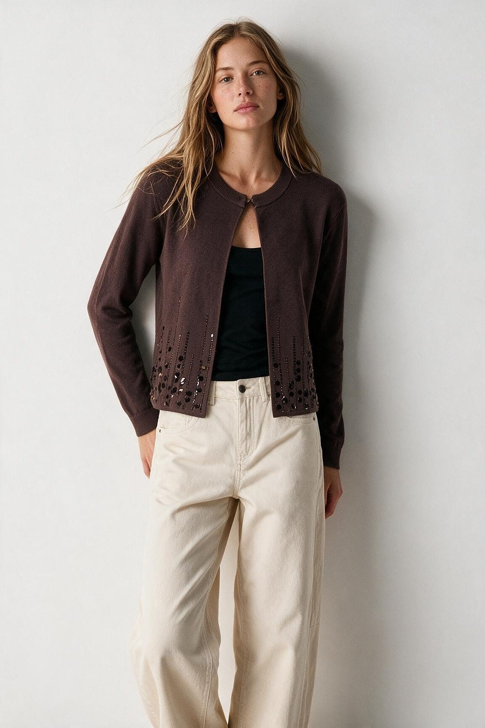 Brown Soft Knit Sequin Hem Hook Front Cardigan - Cardigans