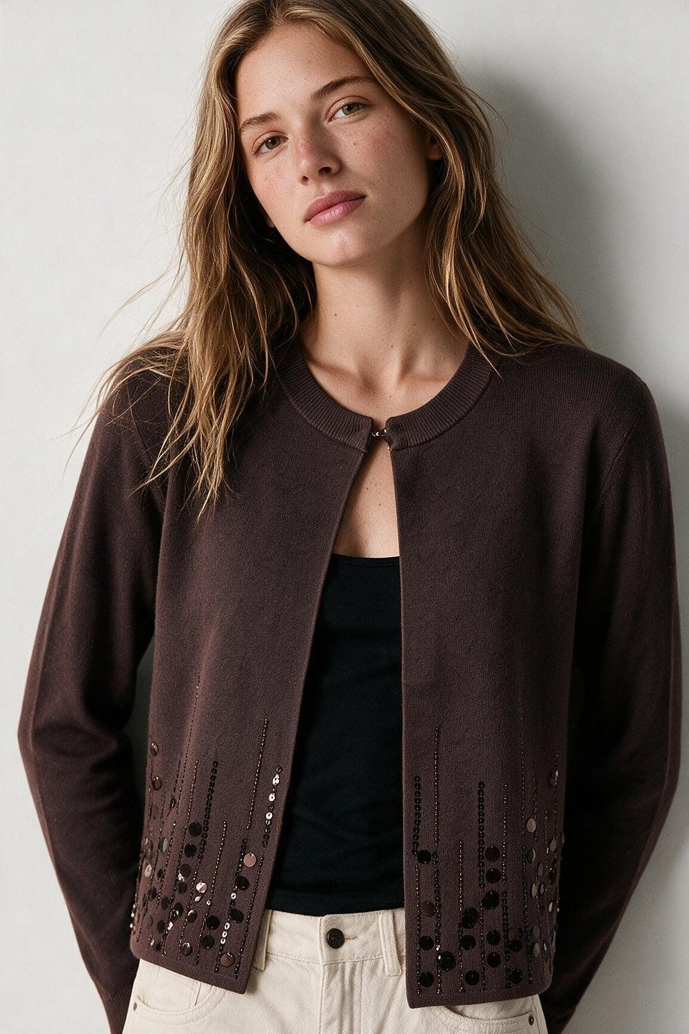 Brown Soft Knit Sequin Hem Hook Front Cardigan - Cardigans