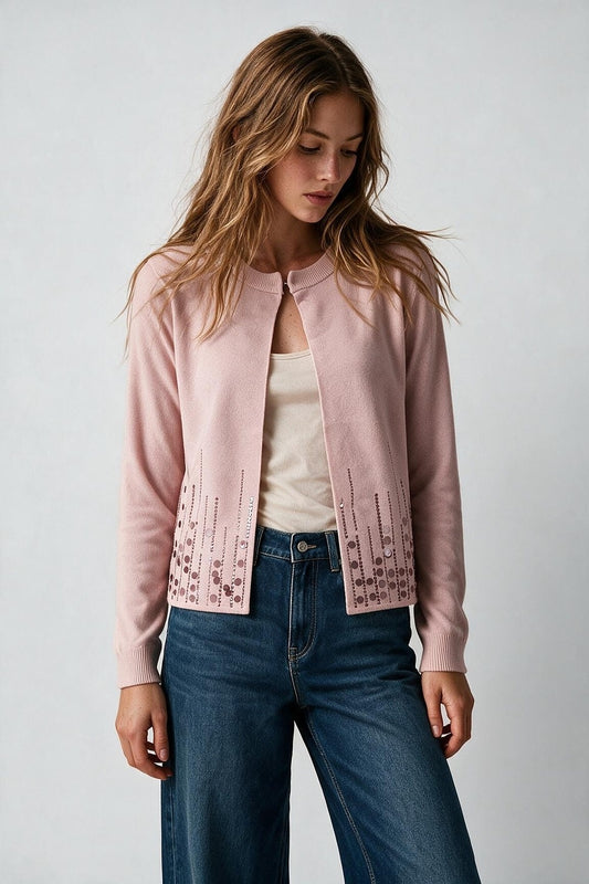 Light Pink Sequined Soft Knit Ribbed Trim Cardigan - Cardigans
