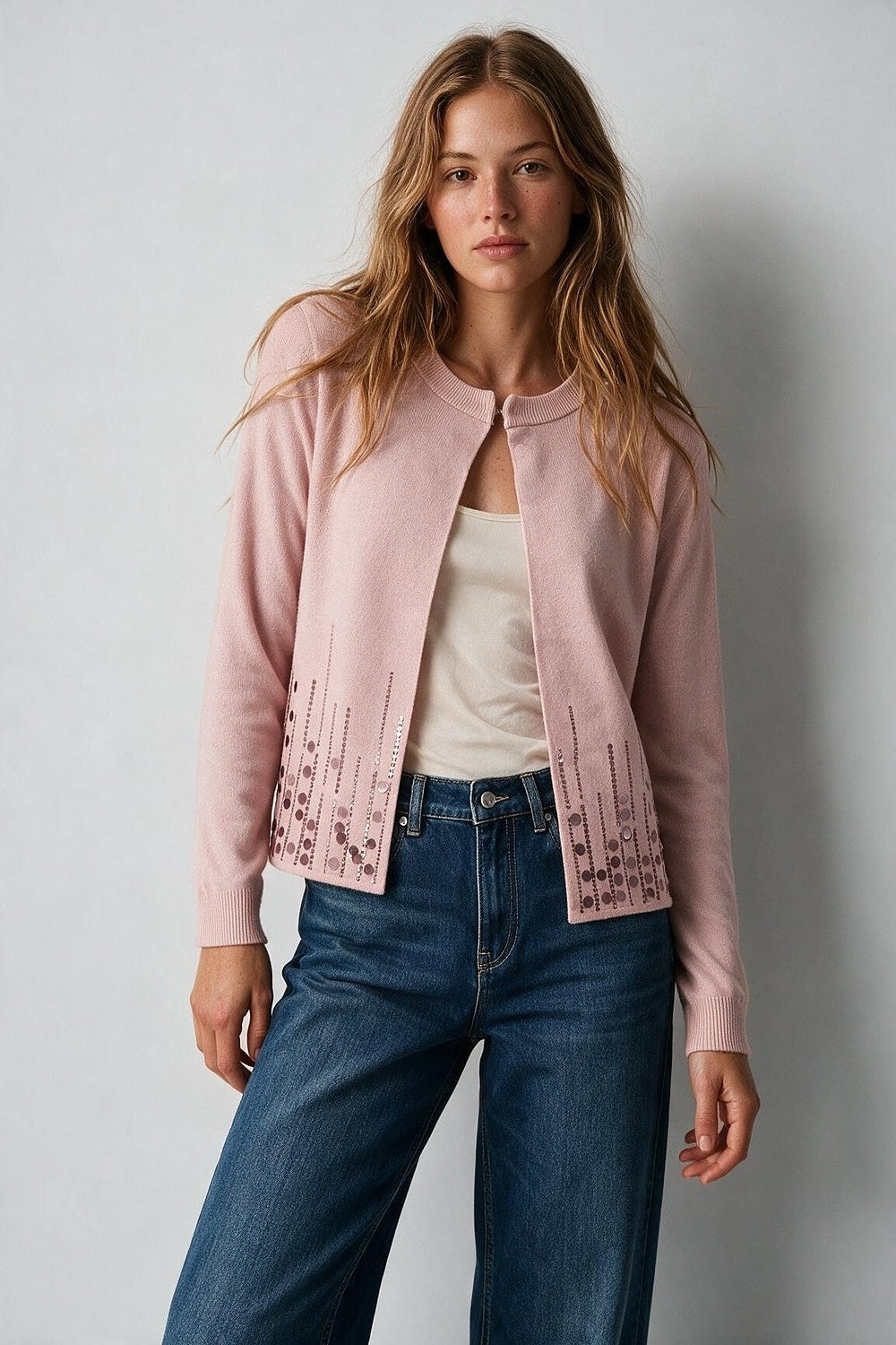 Light Pink Sequined Soft Knit Ribbed Trim Cardigan - Cardigans