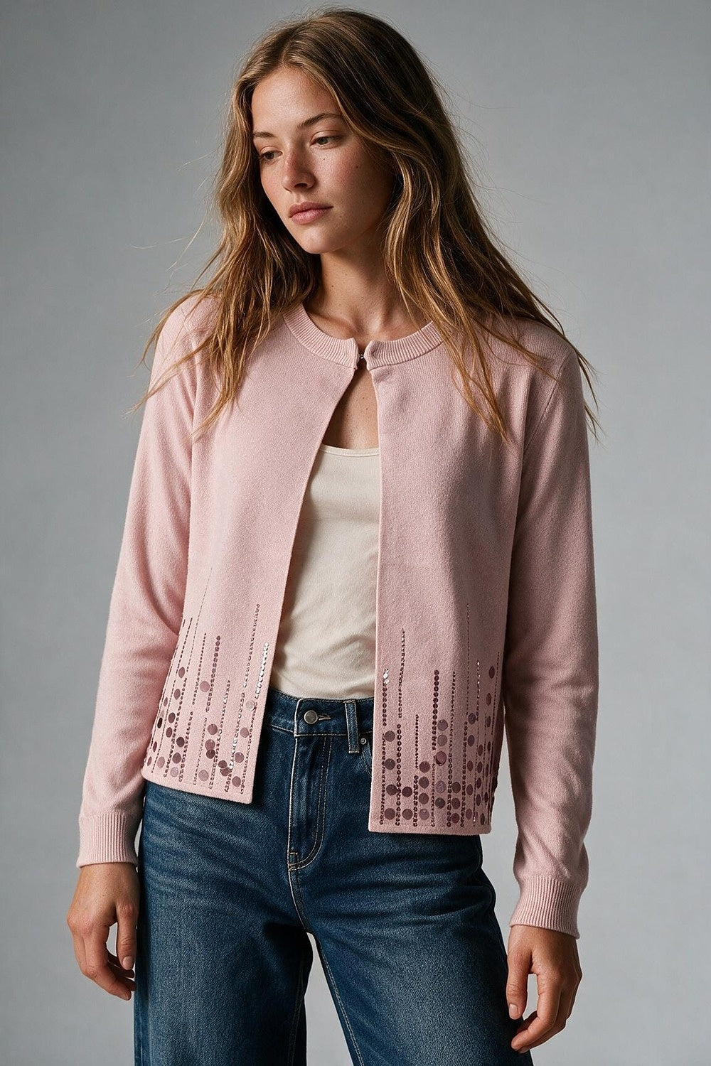 Light Pink Sequined Soft Knit Ribbed Trim Cardigan - Cardigans