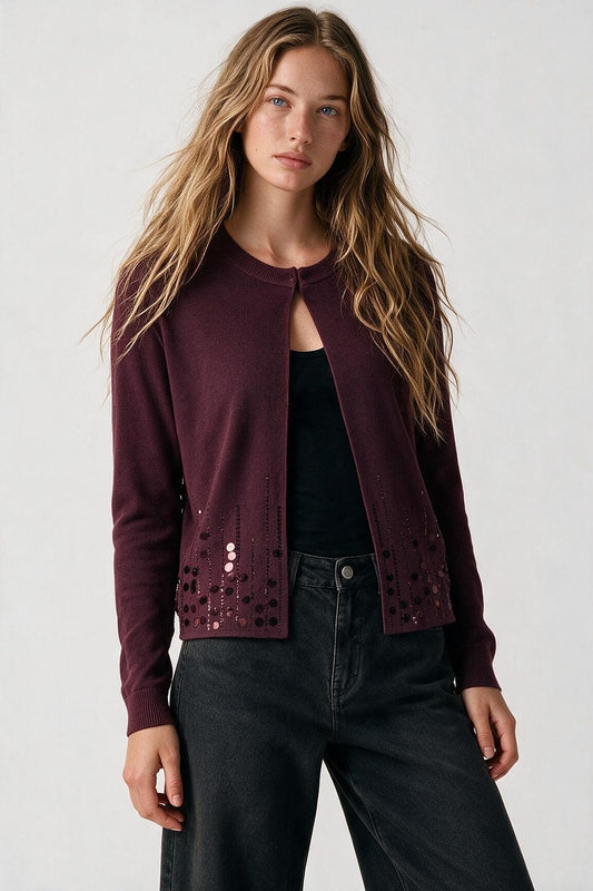 Wine Fine Knit Sequined Hem Open Front Cardigan - Cardigans
