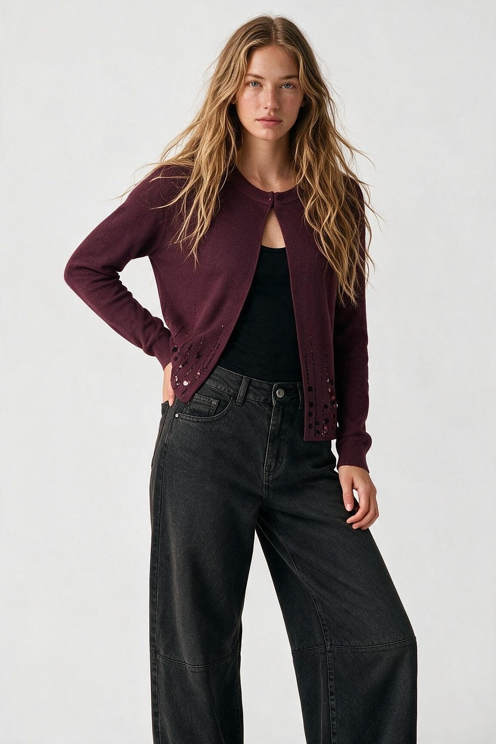 Wine Fine Knit Sequined Hem Open Front Cardigan - Cardigans