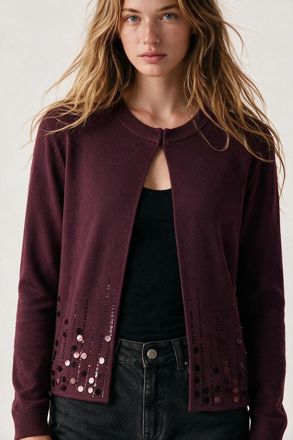 Wine Fine Knit Sequined Hem Open Front Cardigan - Cardigans
