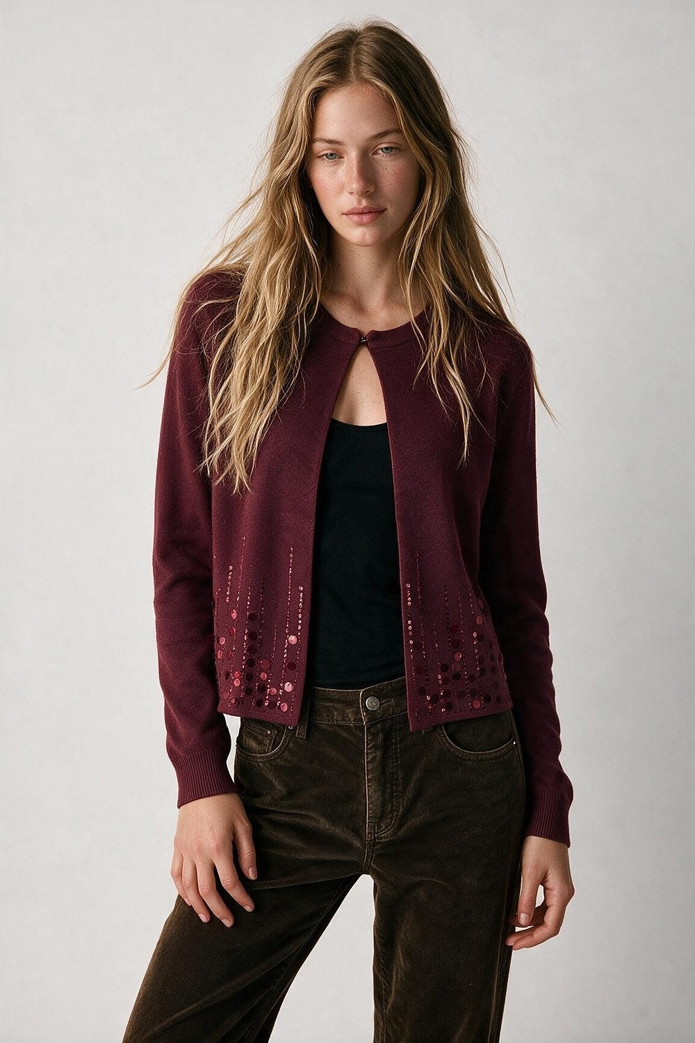Burgundy Fine Knit Sequin Hem Open Front Cardigan - Cardigans