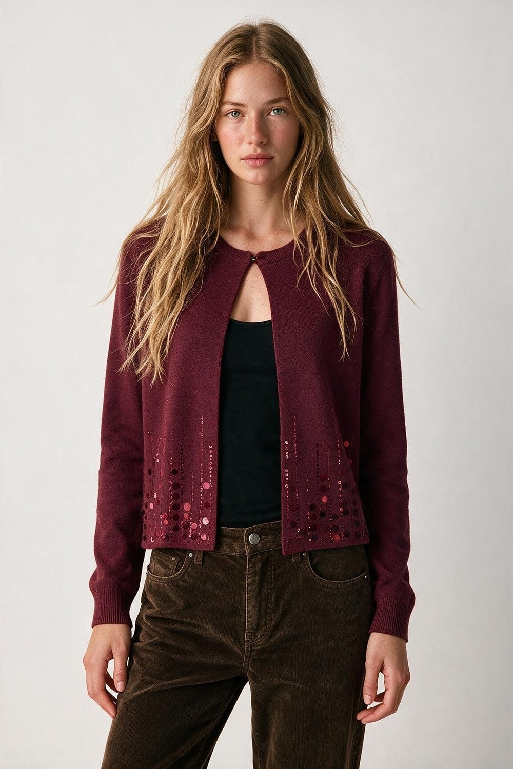 Burgundy Fine Knit Sequin Hem Open Front Cardigan - Cardigans