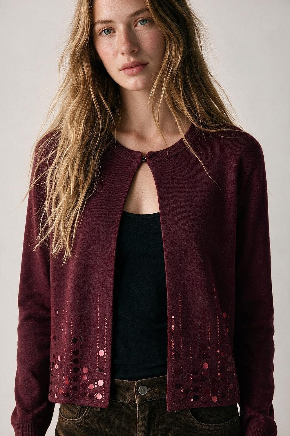 Burgundy Fine Knit Sequin Hem Open Front Cardigan - Cardigans