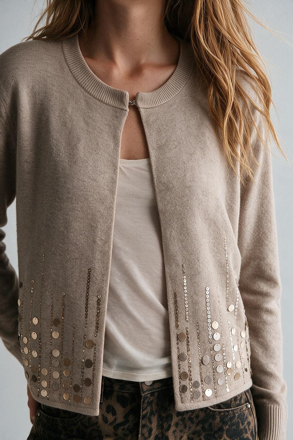 Beige Sequined Fine Knit Hook Front Long Sleeve Cardigan - Cardigans