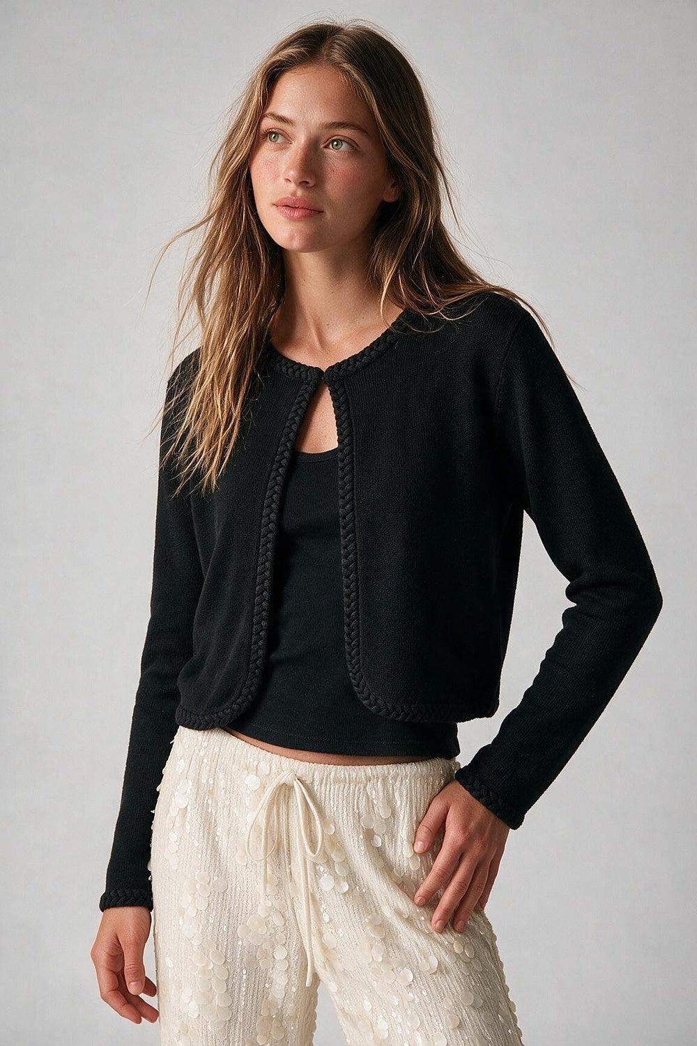 Black Fine Knit Braided Trim Cropped Cardigan - Cardigans