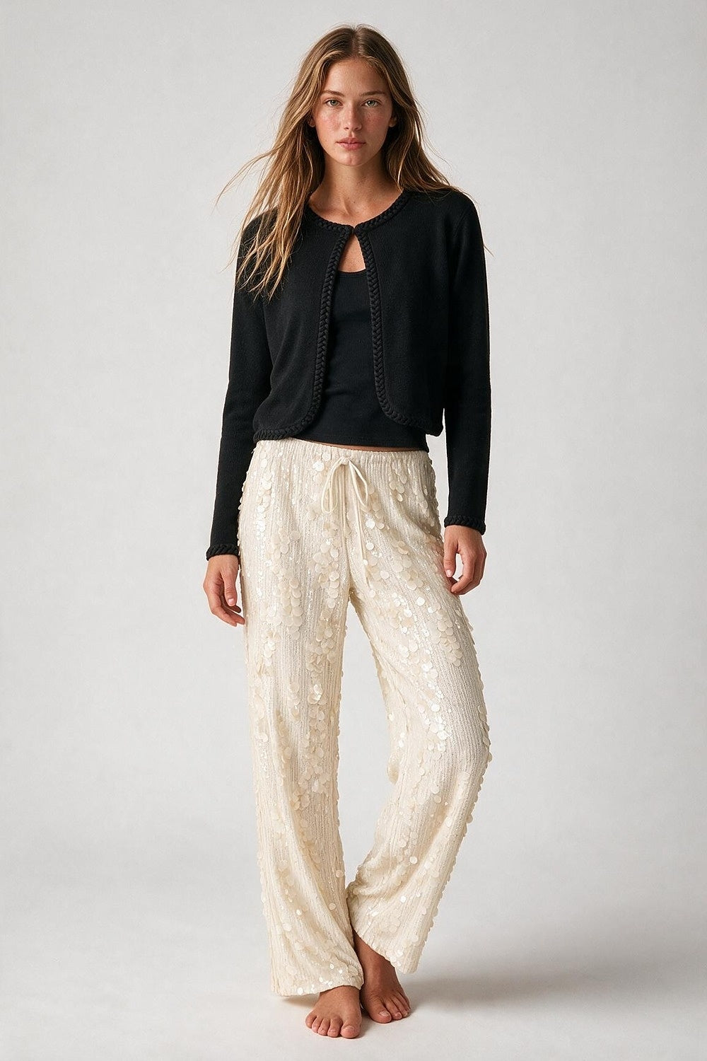 Black Fine Knit Braided Trim Cropped Cardigan - Cardigans