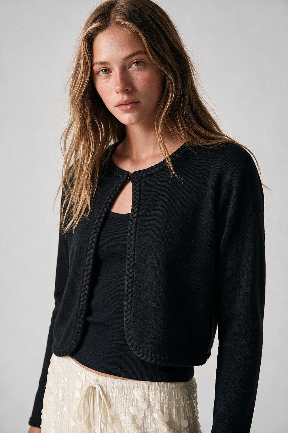 Black Fine Knit Braided Trim Cropped Cardigan - Cardigans