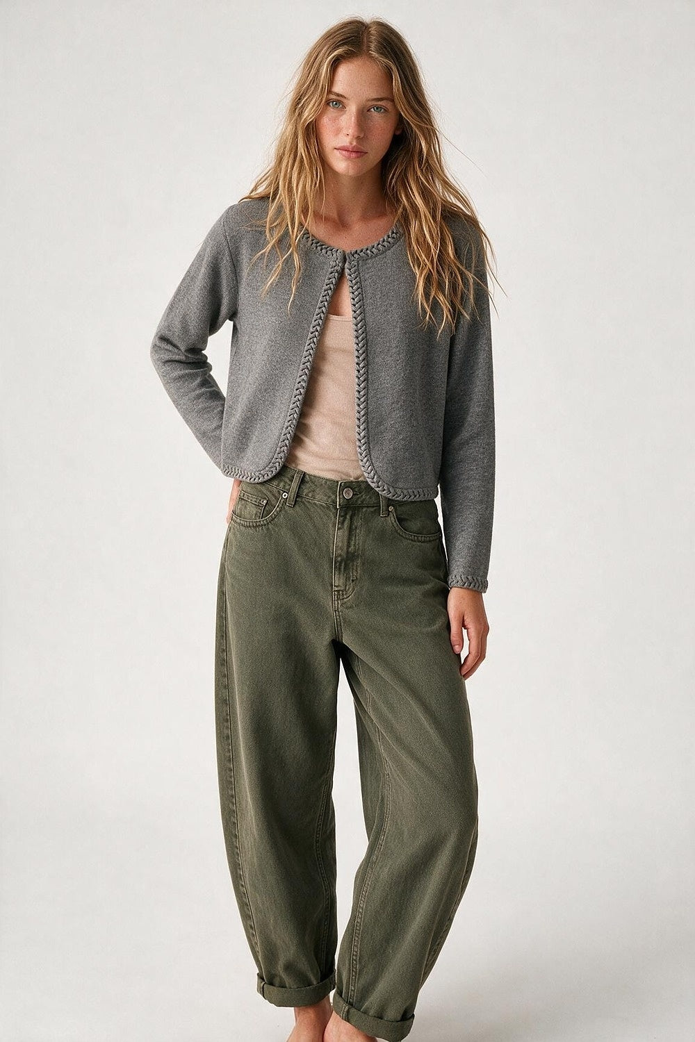 Grey Fine Knit Braided Trim Cropped Open Cardigan - Cardigans