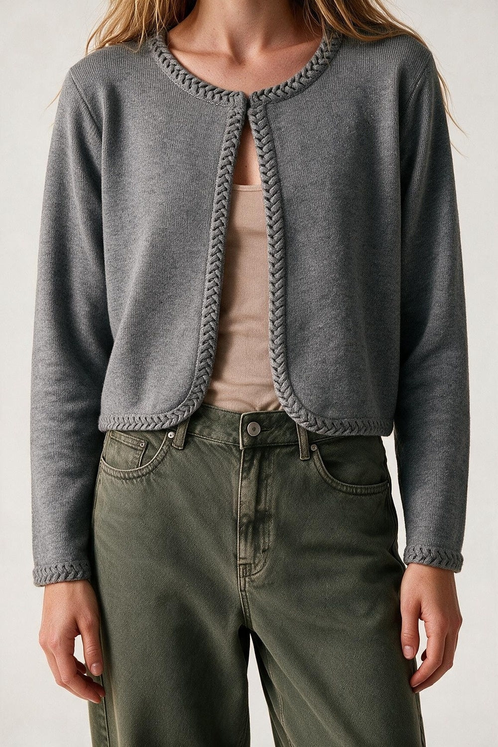 Grey Fine Knit Braided Trim Cropped Open Cardigan - Cardigans