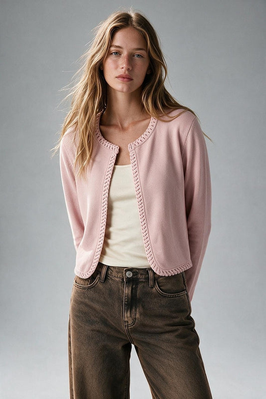 Light Pink Fine Knit Crochet Trim Cropped Cardigan - Cardigans