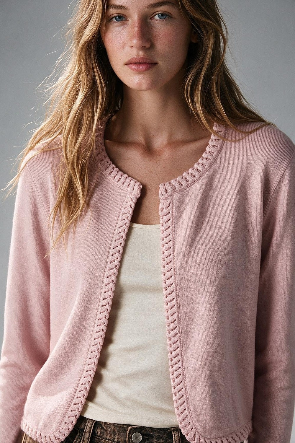 Light Pink Fine Knit Crochet Trim Cropped Cardigan - Cardigans