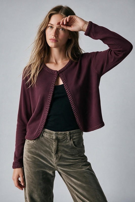Burgundy Fine Knit Braided Trim Cardigan - Cardigans