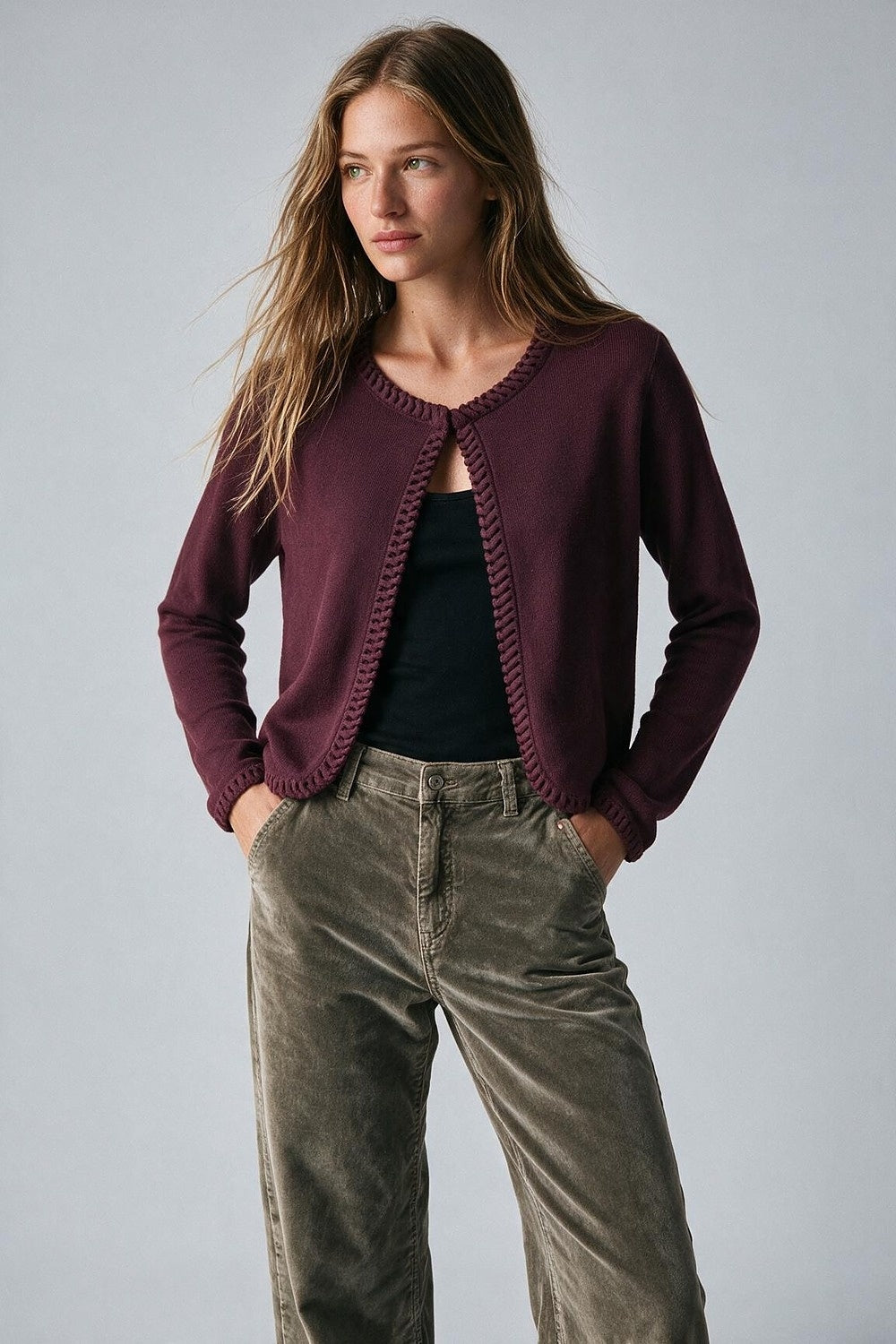 Burgundy Fine Knit Braided Trim Cardigan - Cardigans