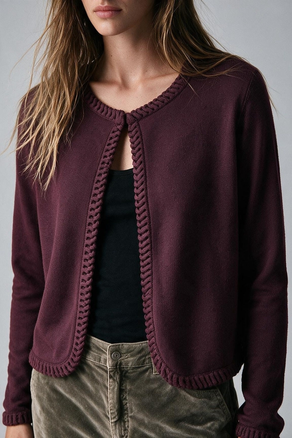 Burgundy Fine Knit Braided Trim Cardigan - Cardigans