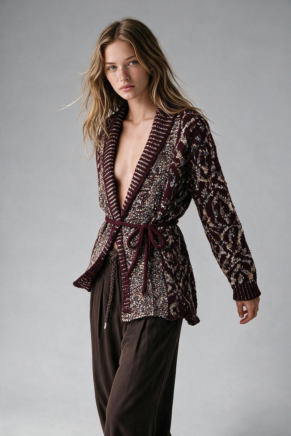 Burgundy Chunky Knit Jacquard Belted Shawl Cardigan - Cardigans