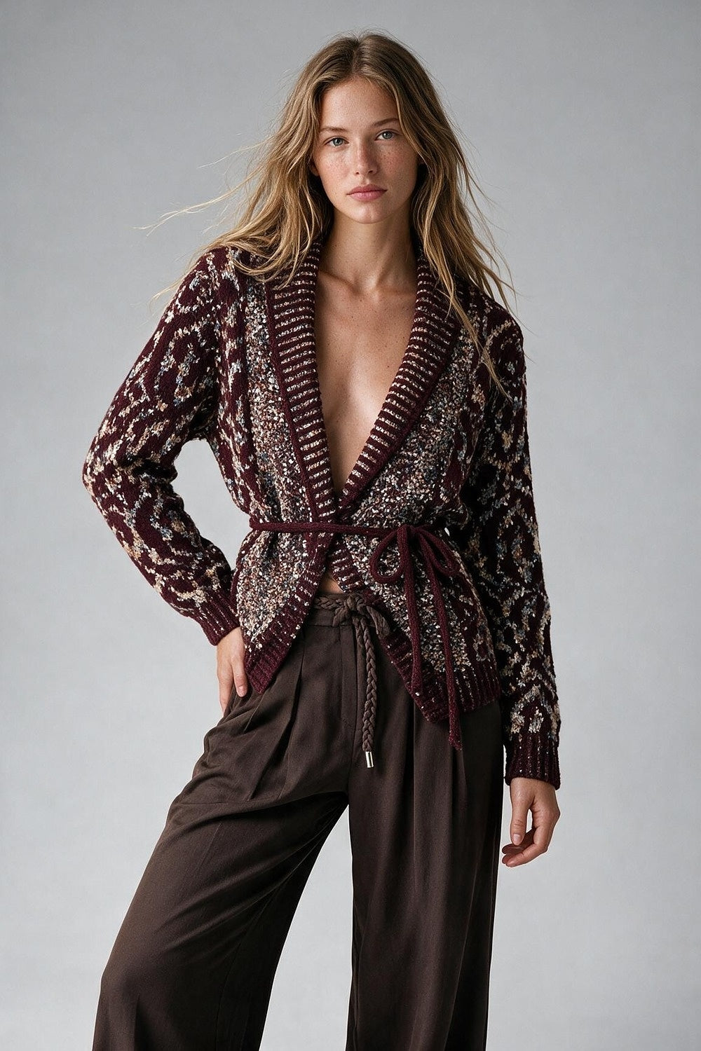 Burgundy Chunky Knit Jacquard Belted Shawl Cardigan