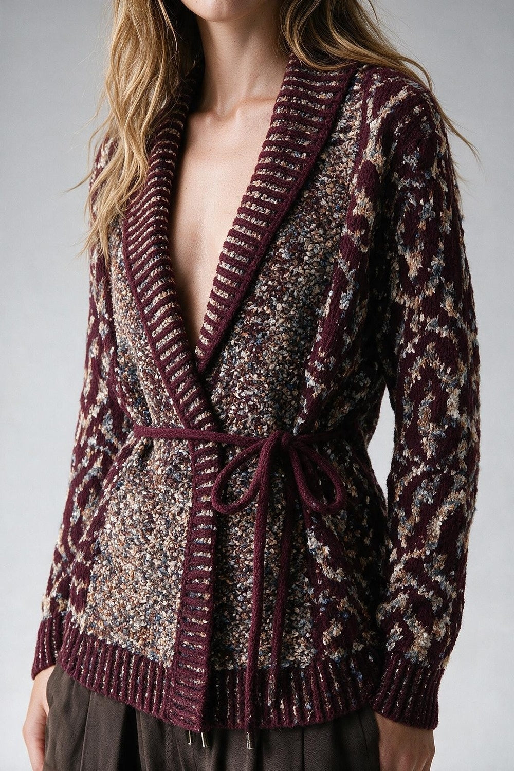 Burgundy Chunky Knit Jacquard Belted Shawl Cardigan - Cardigans
