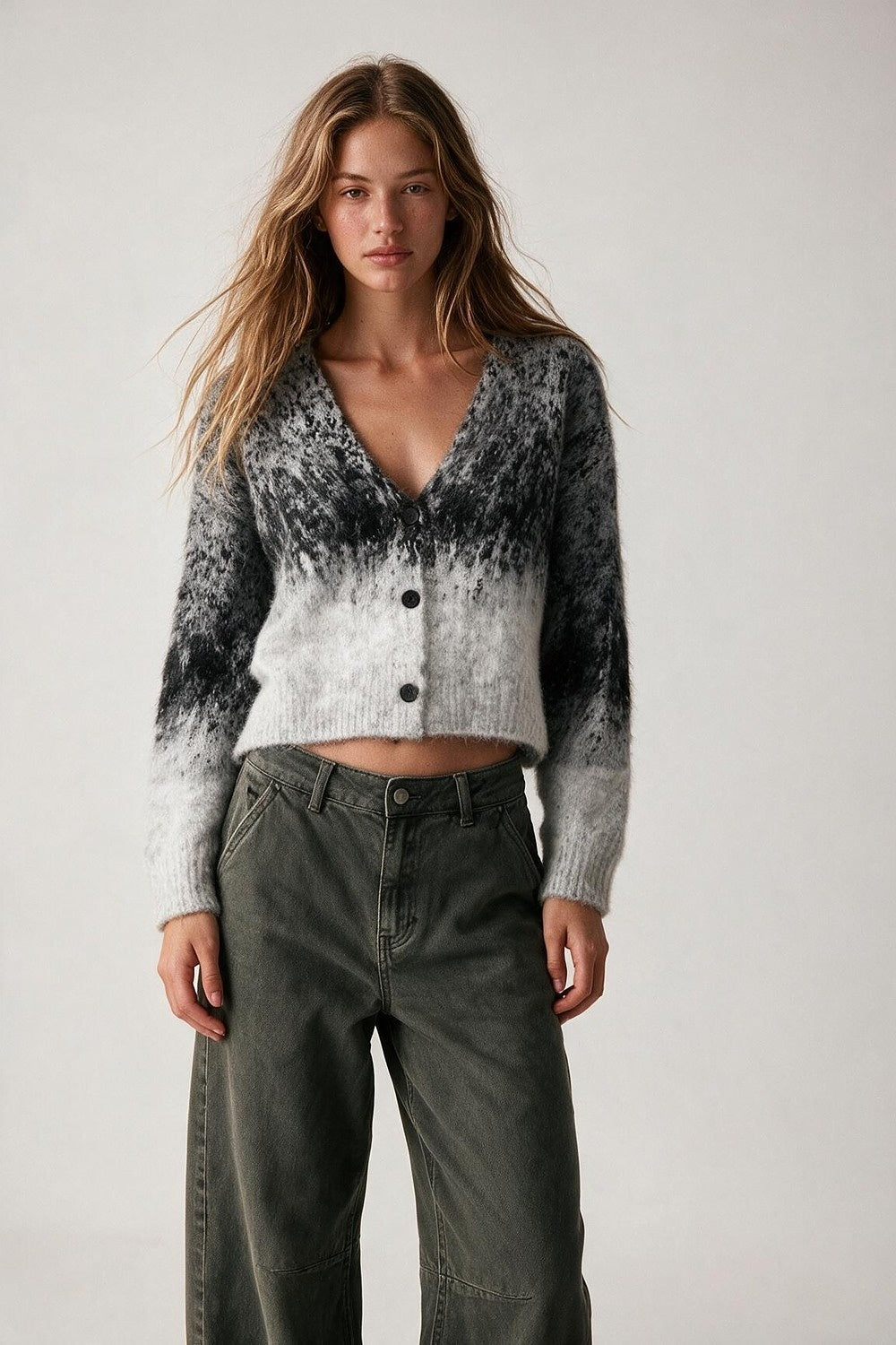 Grey Ombre Fluffy Knit Button Front Cropped Cardigan - Cardigans