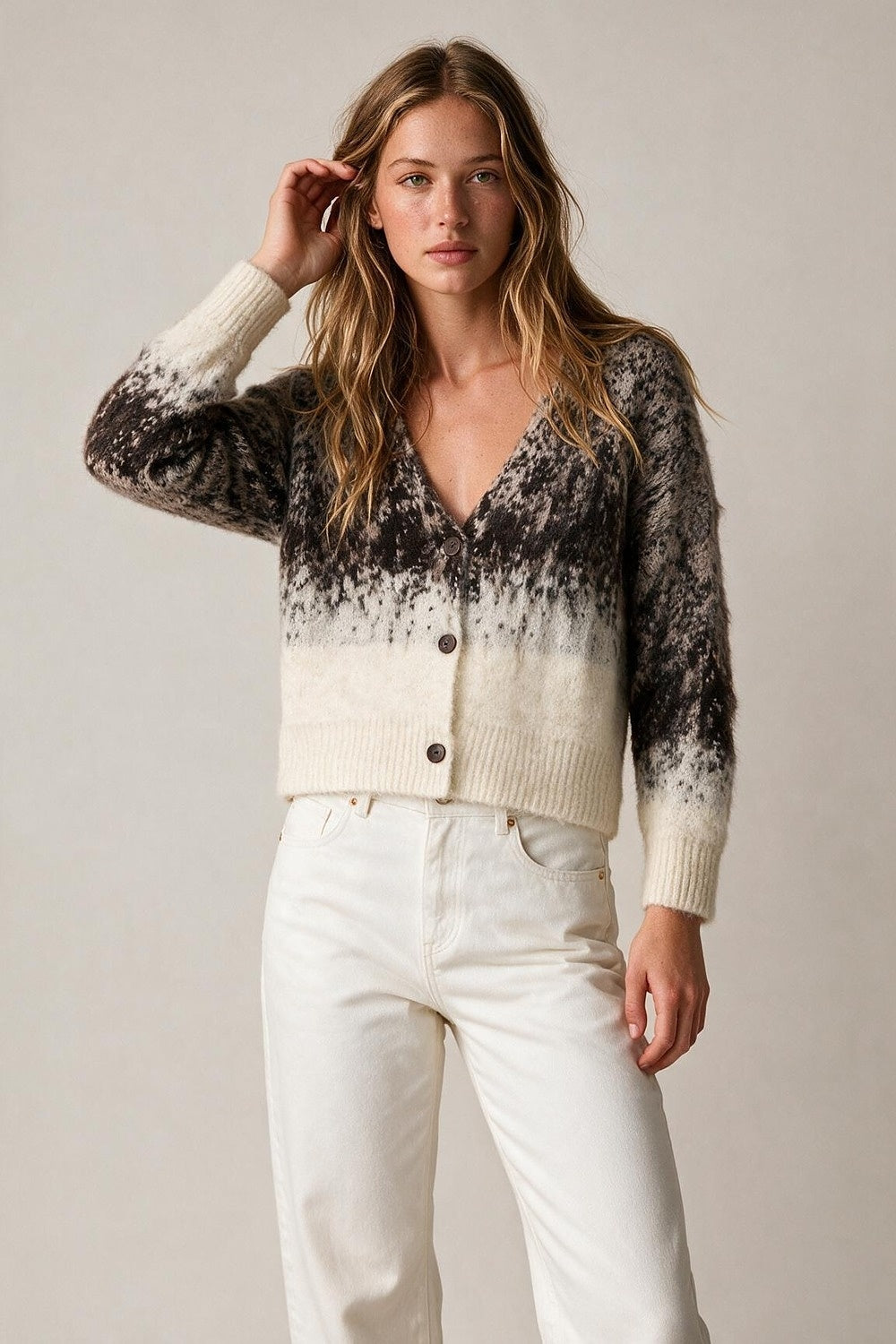Cream Ombre Fluffy Knit Button Front Cropped Cardigan - Cardigans