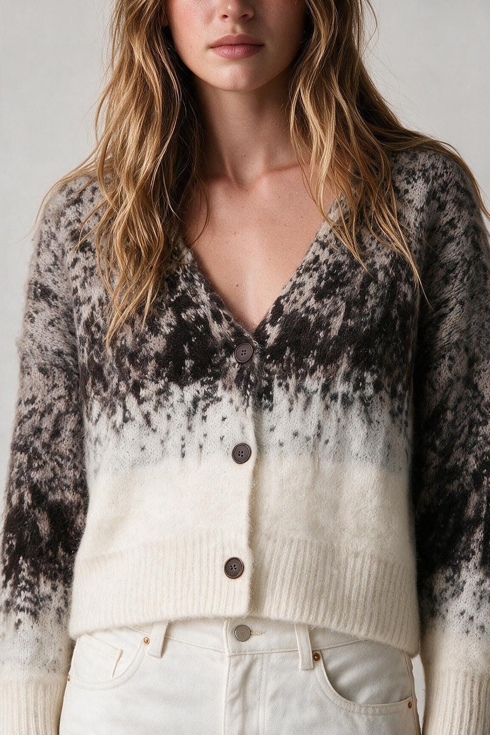 Cream Ombre Fluffy Knit Button Front Cropped Cardigan - Cardigans