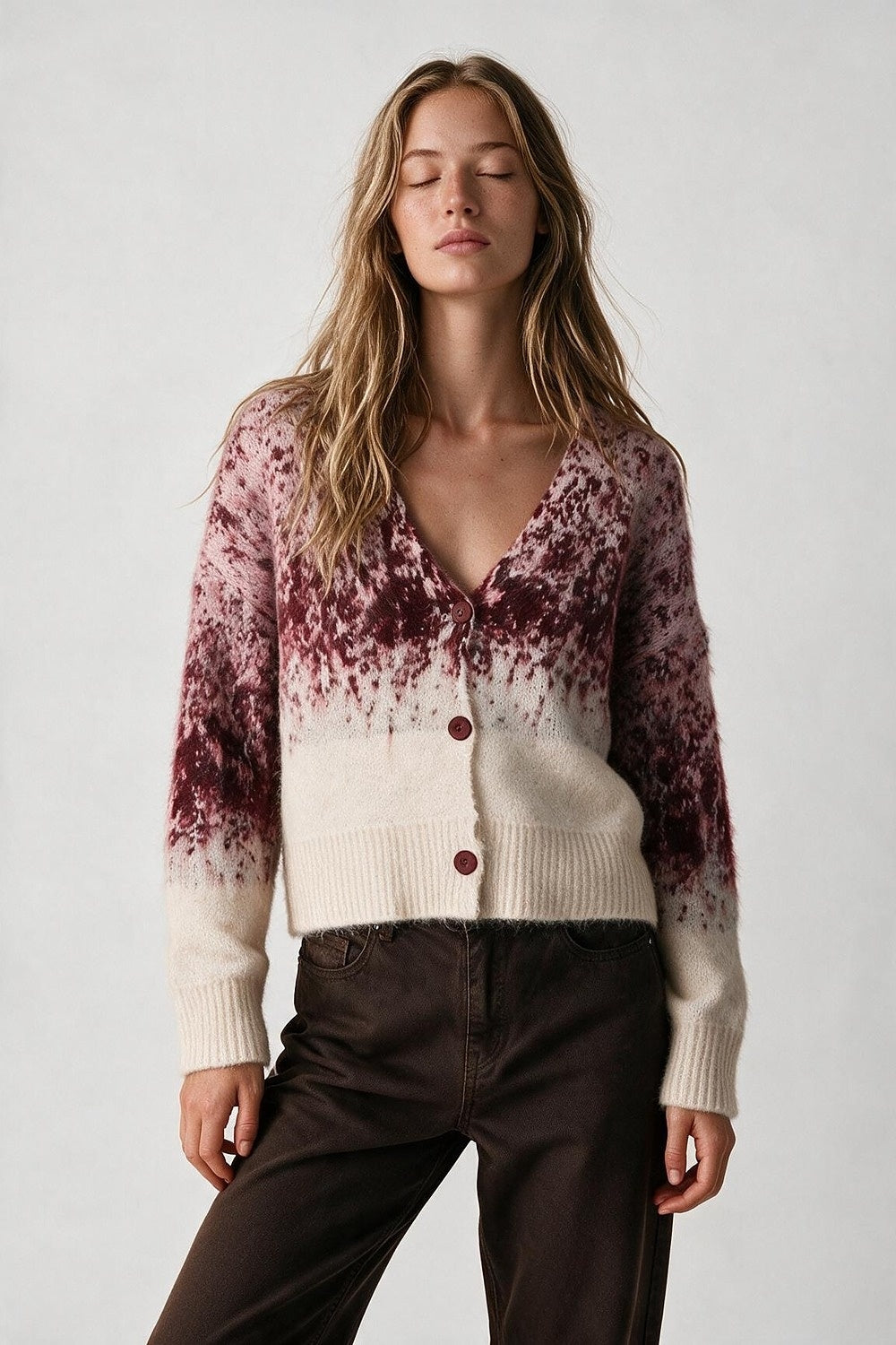 Cream Burgundy Ombre Fluffy Knit Button Cropped Cardigan Sweater - Cardigans