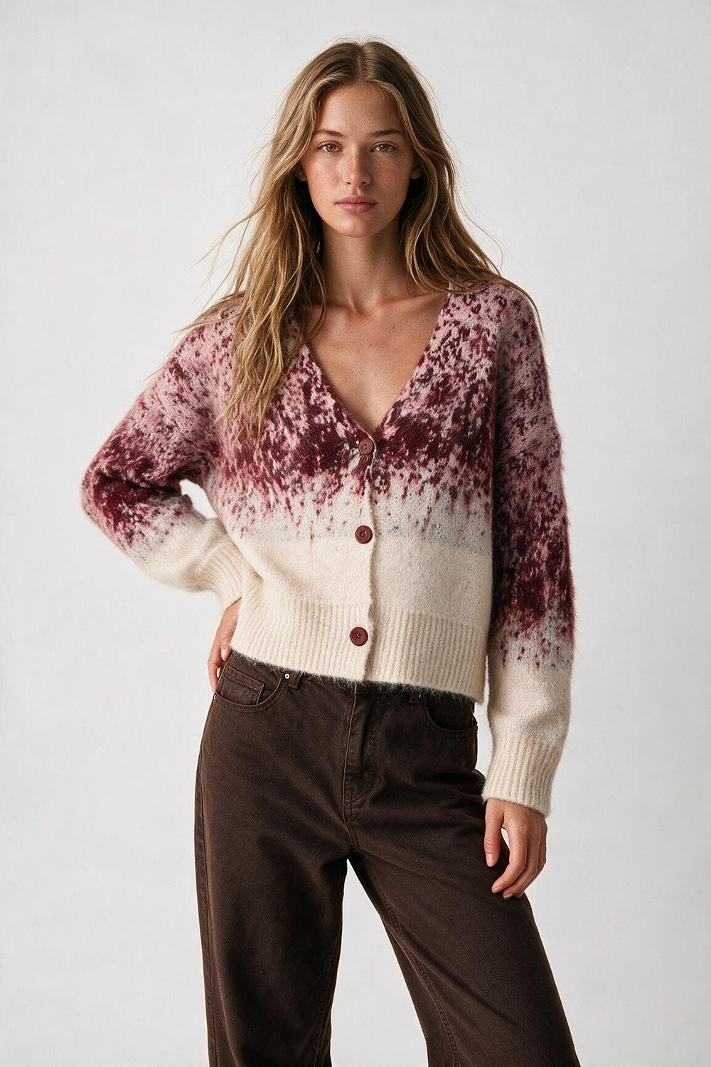 Cream Burgundy Ombre Fluffy Knit Button Cropped Cardigan Sweater - Cardigans