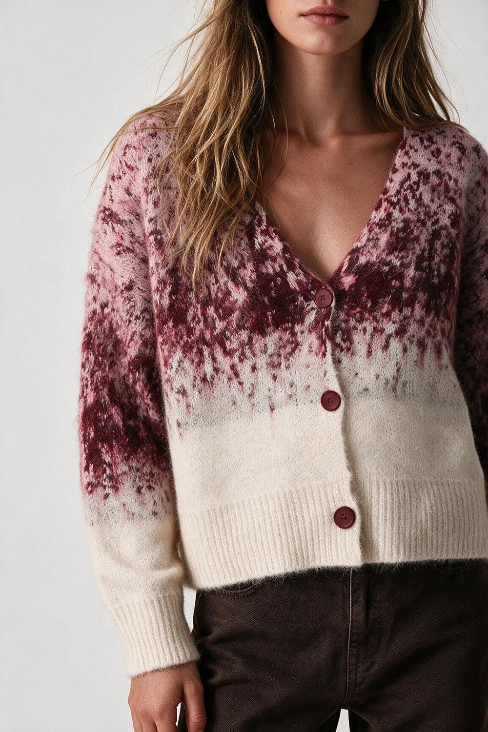 Cream Burgundy Ombre Fluffy Knit Button Cropped Cardigan Sweater - Cardigans