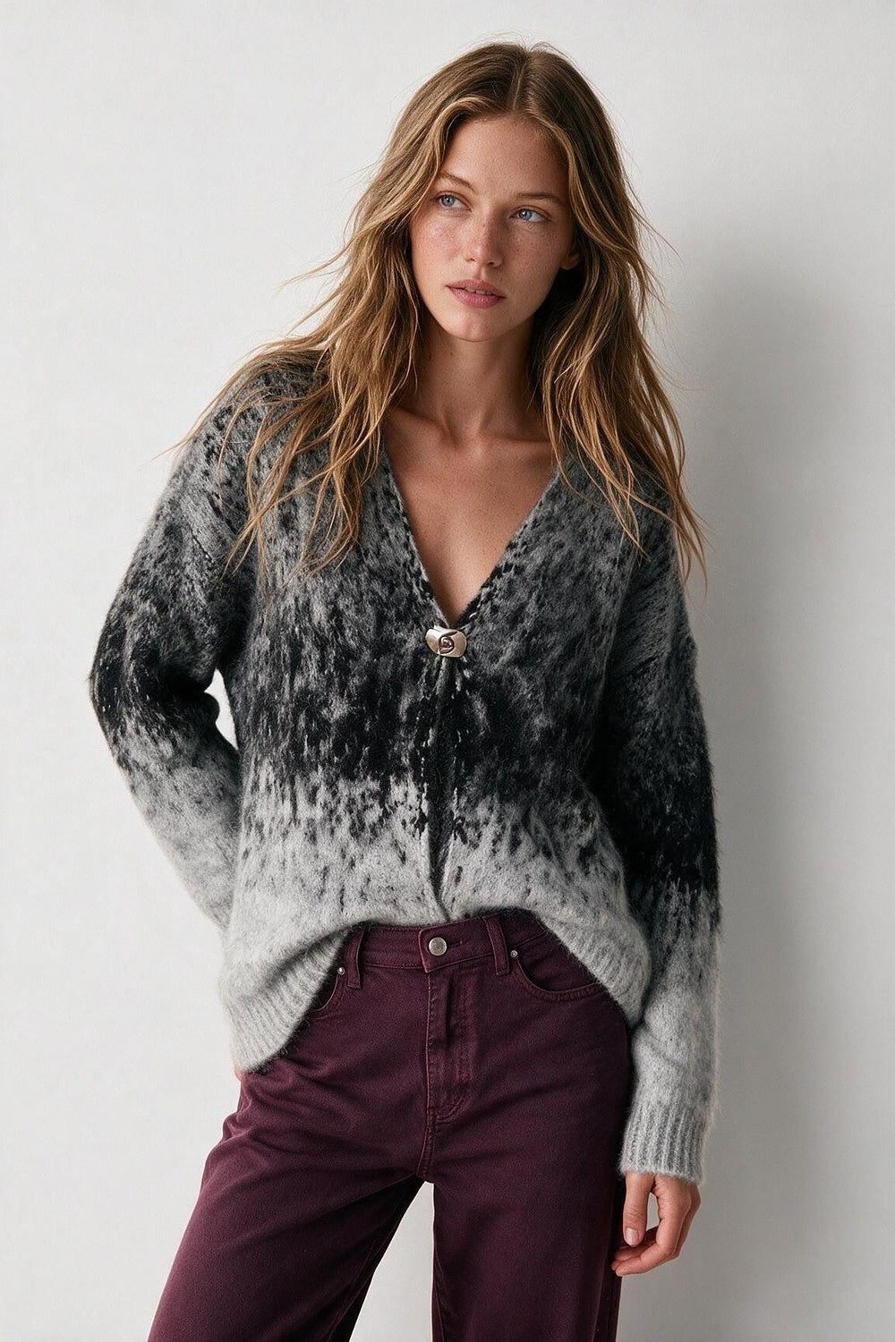Grey Ombre Faux Mohair Chunky Knit V-Neck Oversize Cardigan - Cardigans