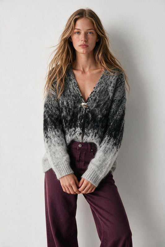 Grey Ombre Faux Mohair Chunky Knit V-Neck Oversize Cardigan - Cardigans
