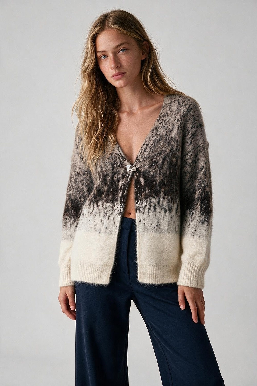 Beige Ombre Fluffy Knit Metal Clasp V-Neck Cardigan Sweater - Cardigans