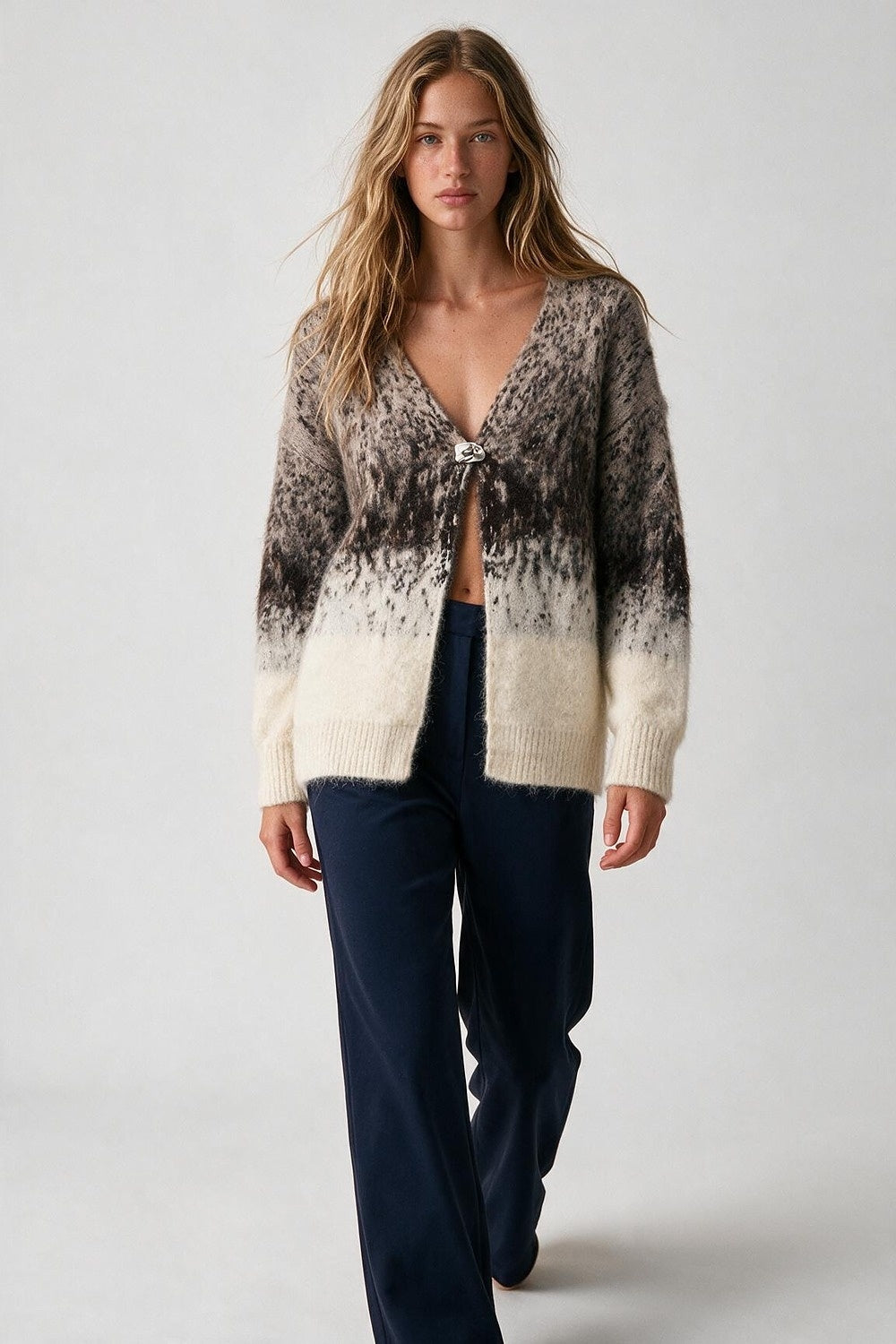 Beige Ombre Fluffy Knit Metal Clasp V-Neck Cardigan Sweater - Cardigans