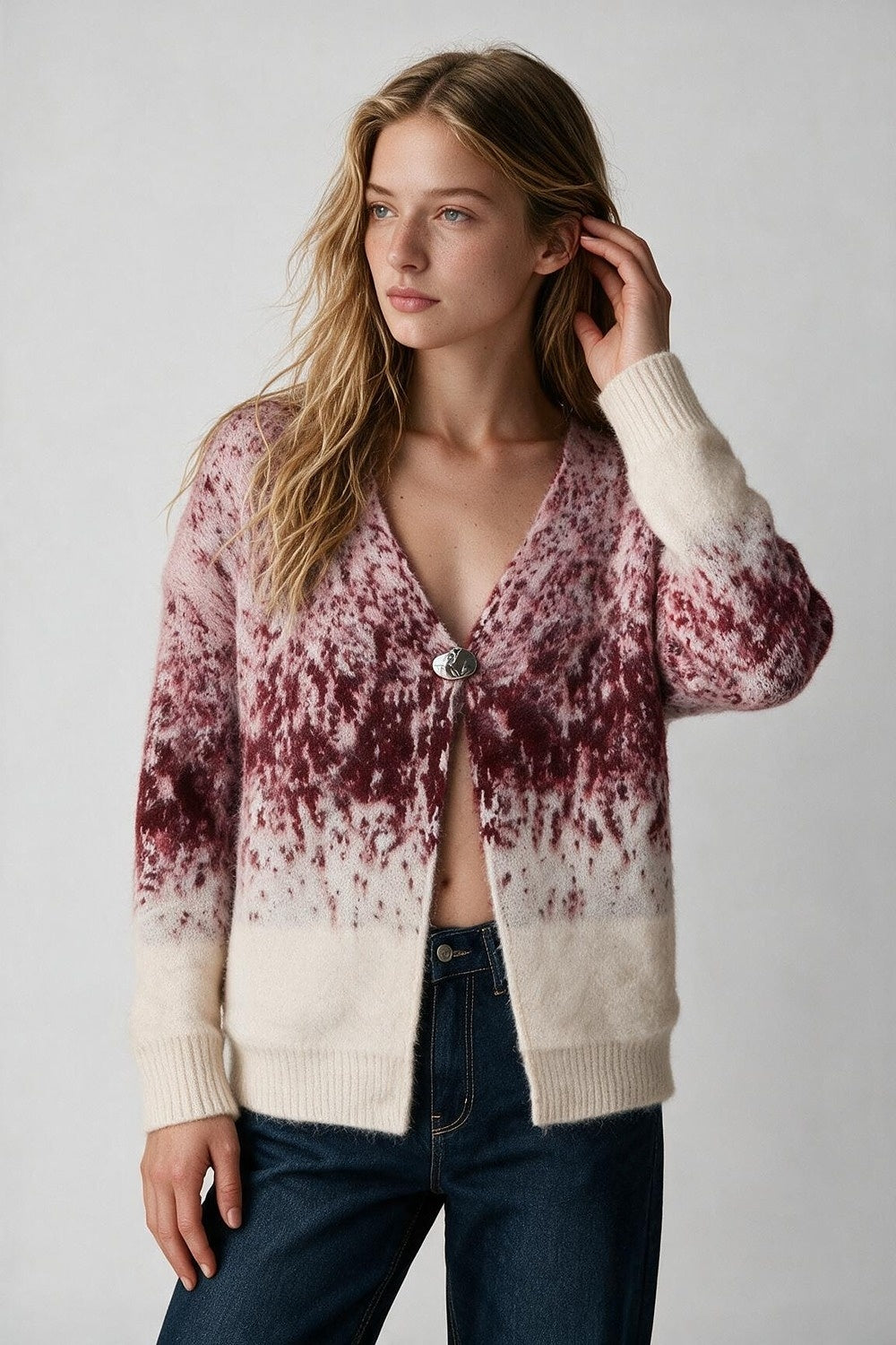 Pink Abstract Print Fluffy Knit V-Neck Button Cardigan Sweater - Cardigans