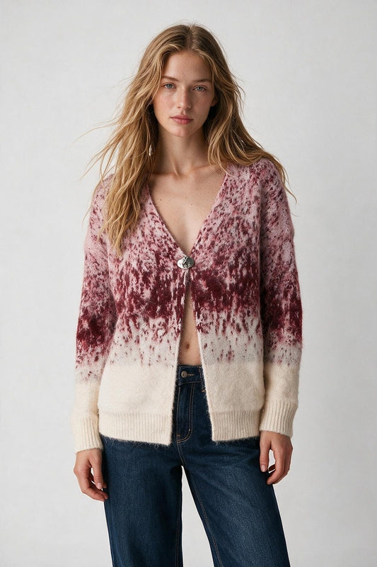 Pink Abstract Print Fluffy Knit V-Neck Button Cardigan Sweater - Cardigans