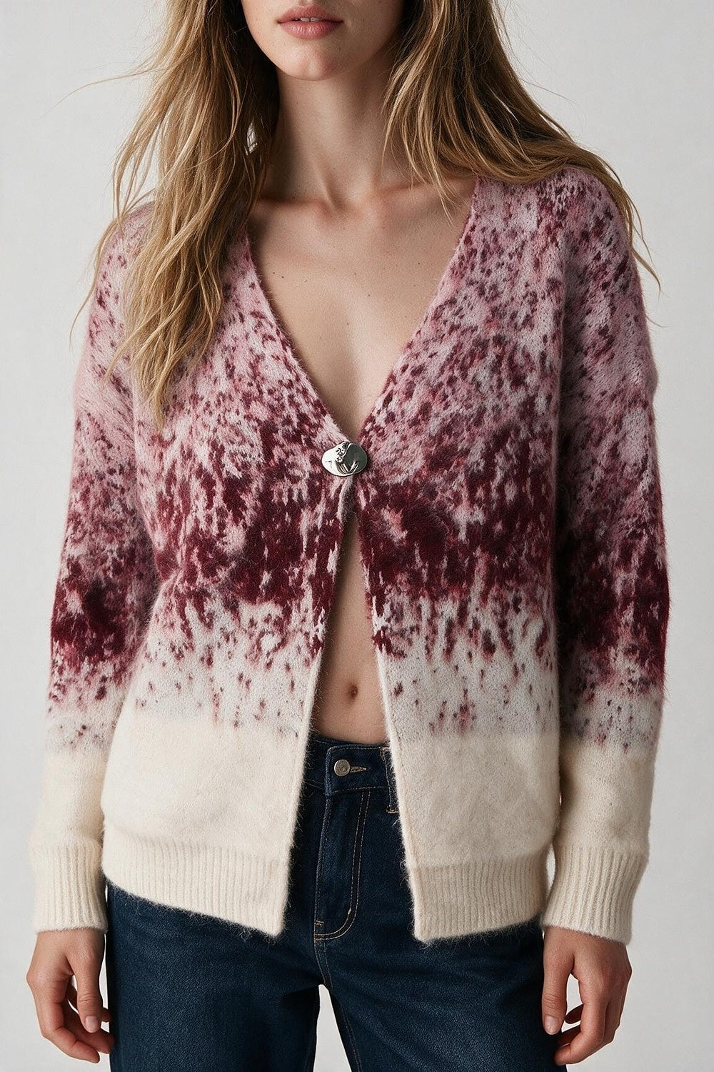 Pink Abstract Print Fluffy Knit V-Neck Button Cardigan Sweater - Cardigans